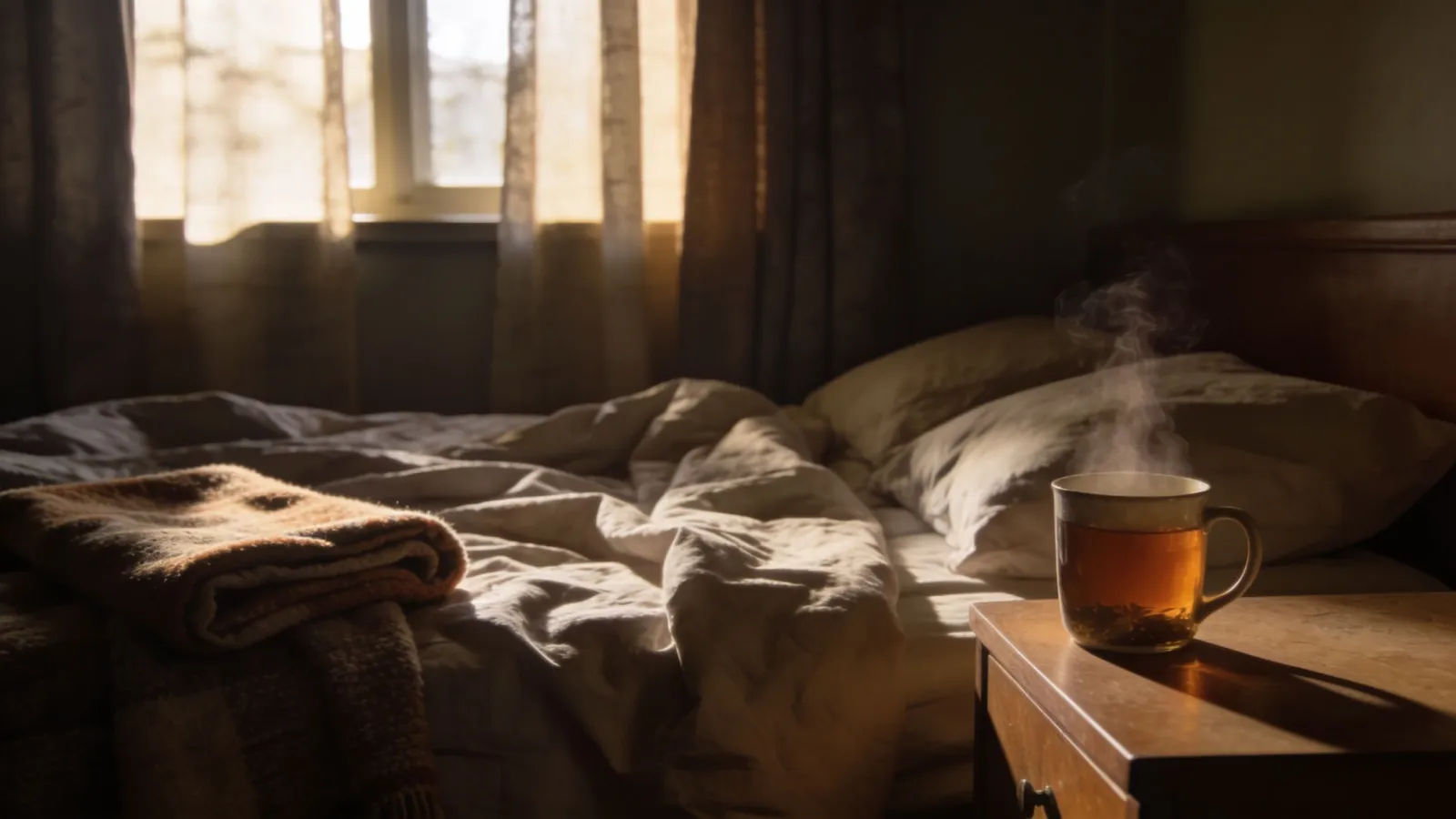 Cozy dim sickroom with tea