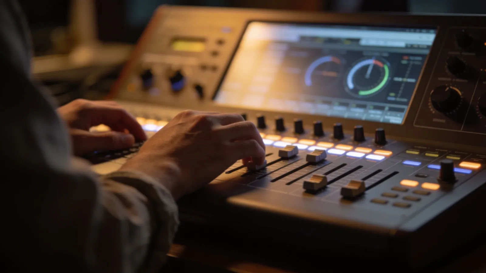 Hands on glowing audio console