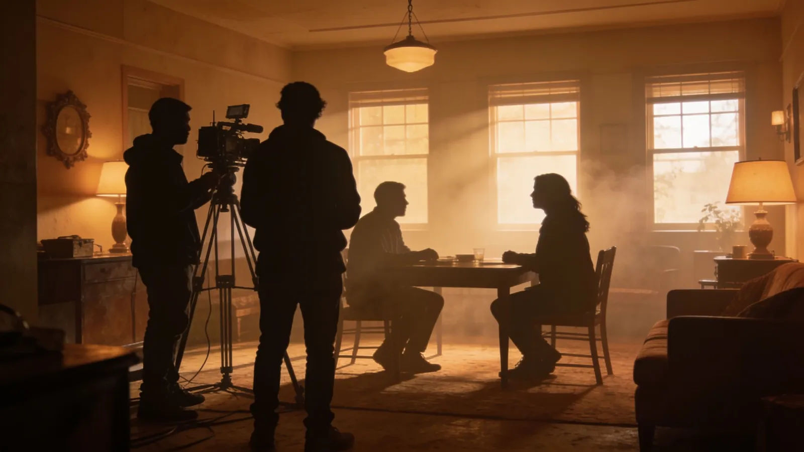 Intimate nonprofit documentary film set with crew silhouettes
