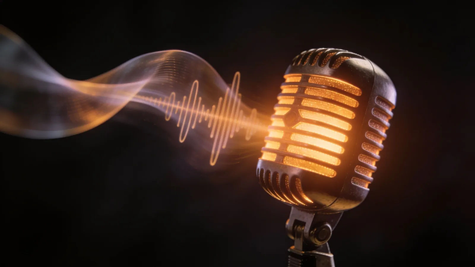 Warm glowing vintage microphone with soft waveform ribbon