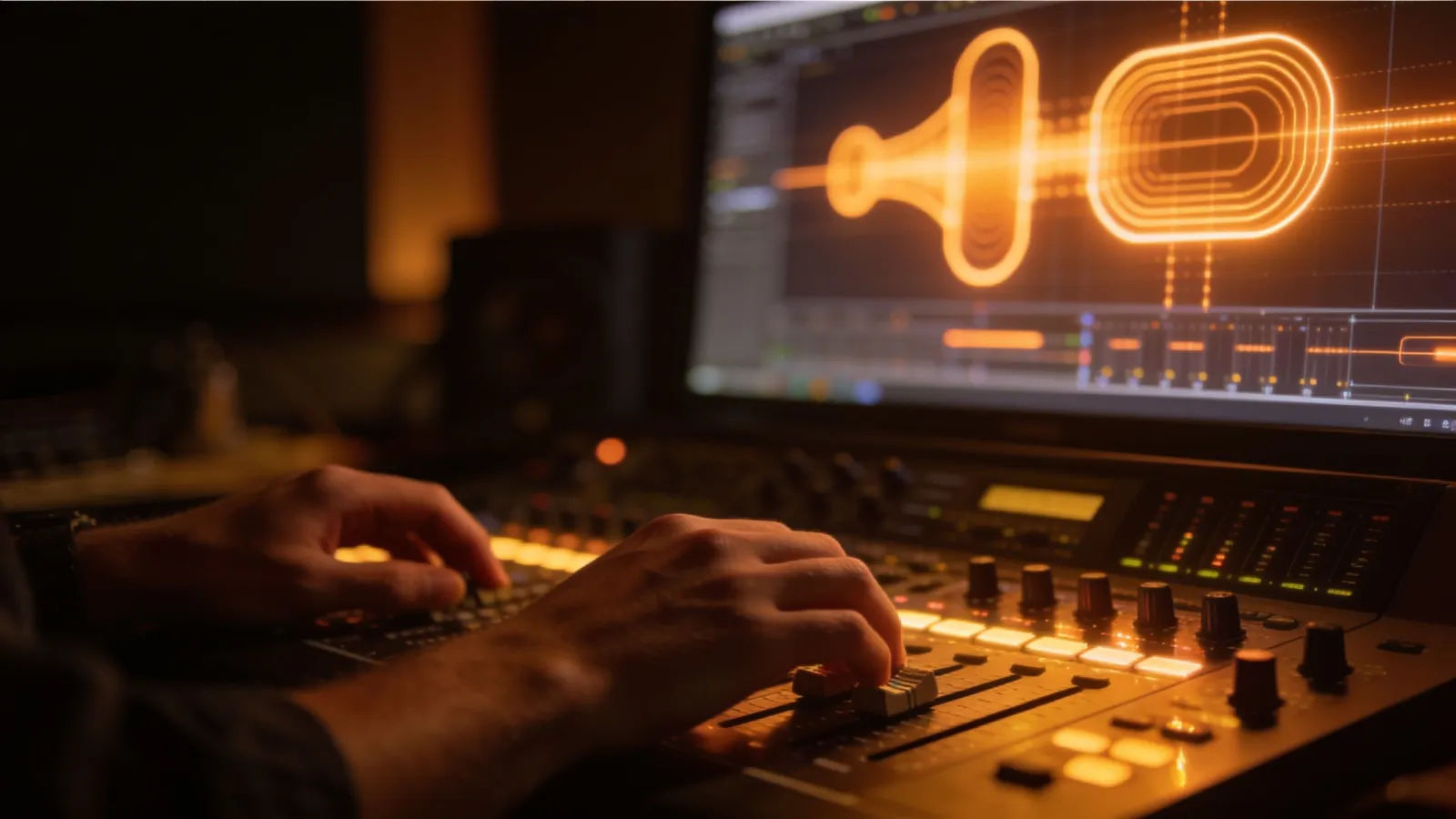 Hands at mixing console with warm audio interface glow