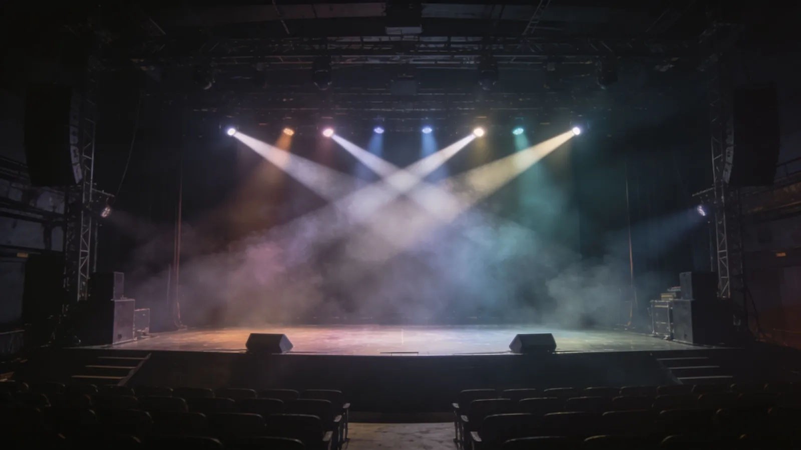 Empty concert stage lit by colored spotlights and haze