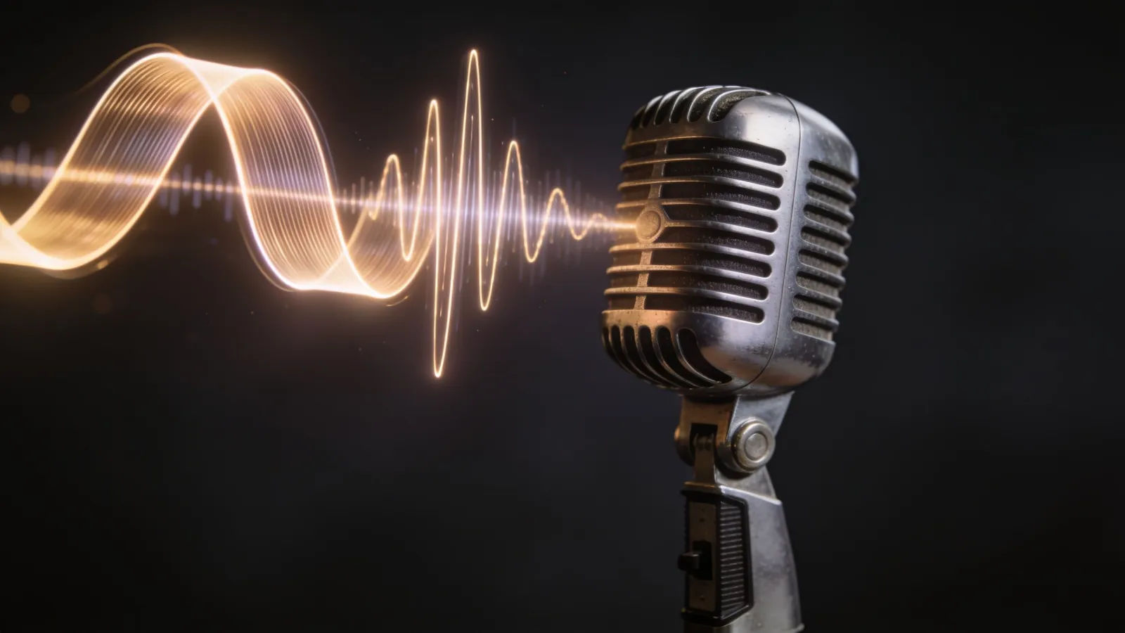 Vintage studio microphone with glowing soundwave of light