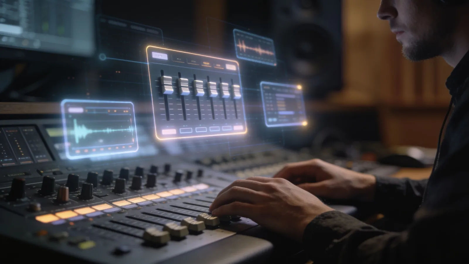 Creators hands on console with floating audio UI