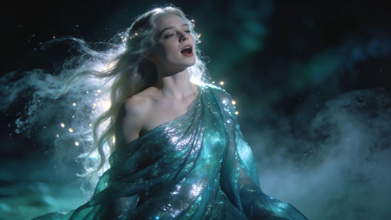 Ethereal mythic sea enchantress singing in teal mist