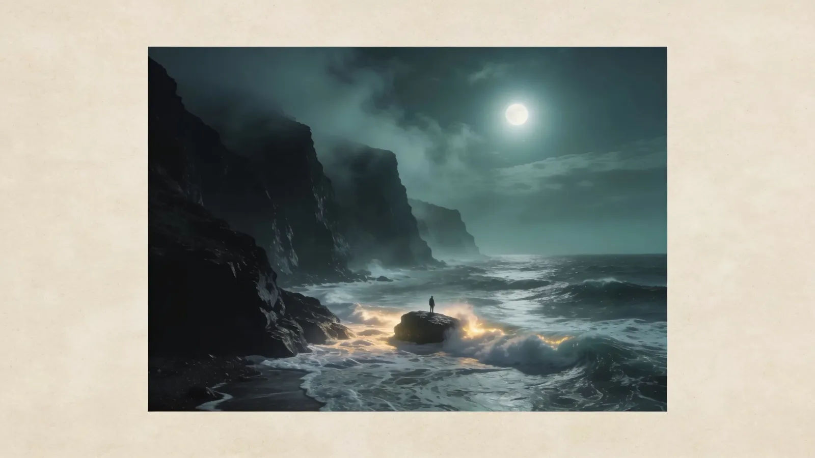 Moonlit misty coastline with a lone figure on rocks