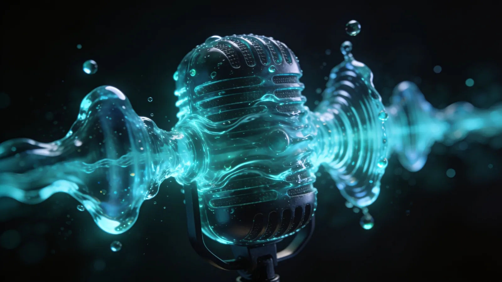 Glowing turquoise waveform rippling over studio microphone