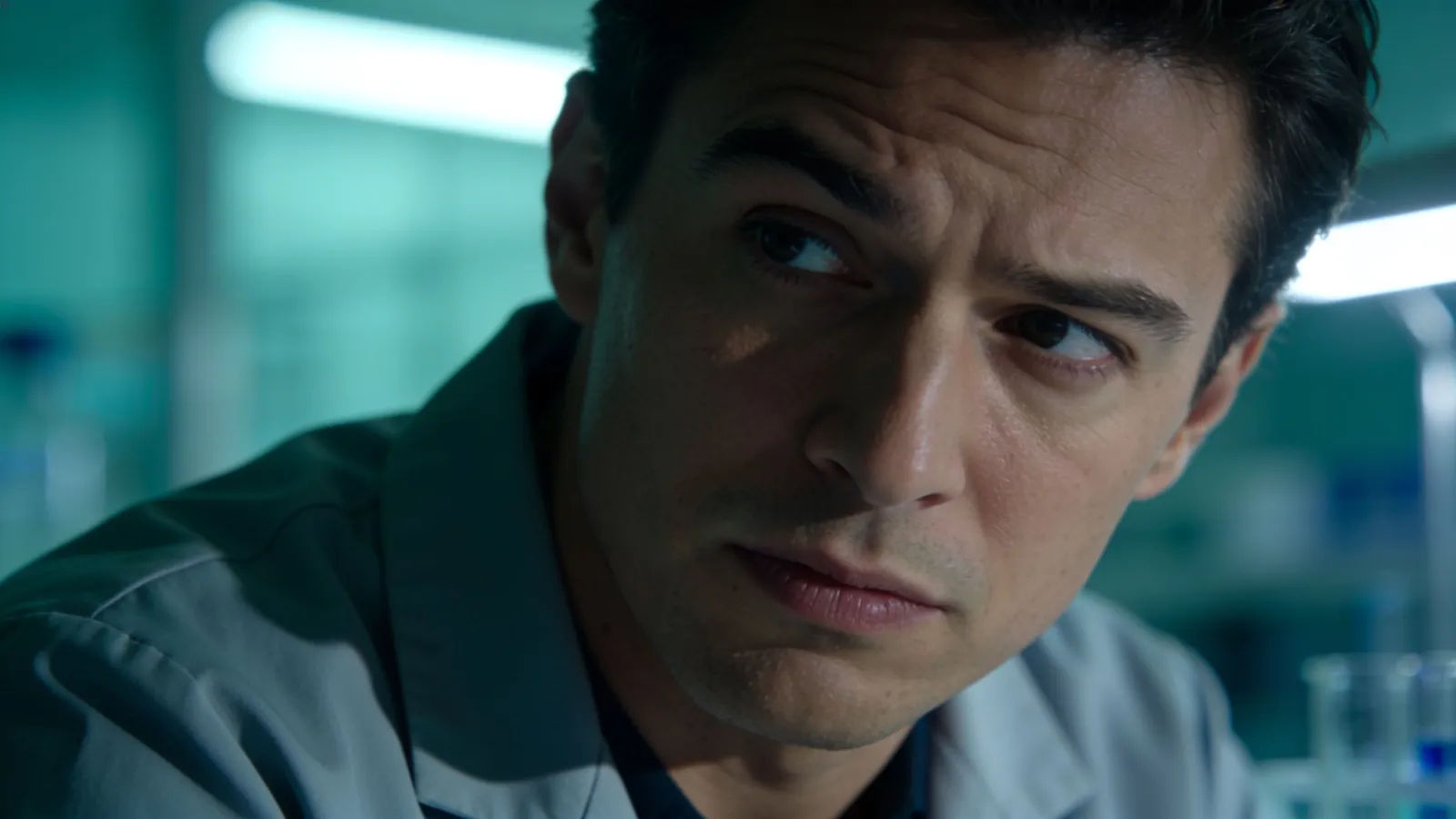 Analytical researcher with faintly unconvinced expression, cool light
