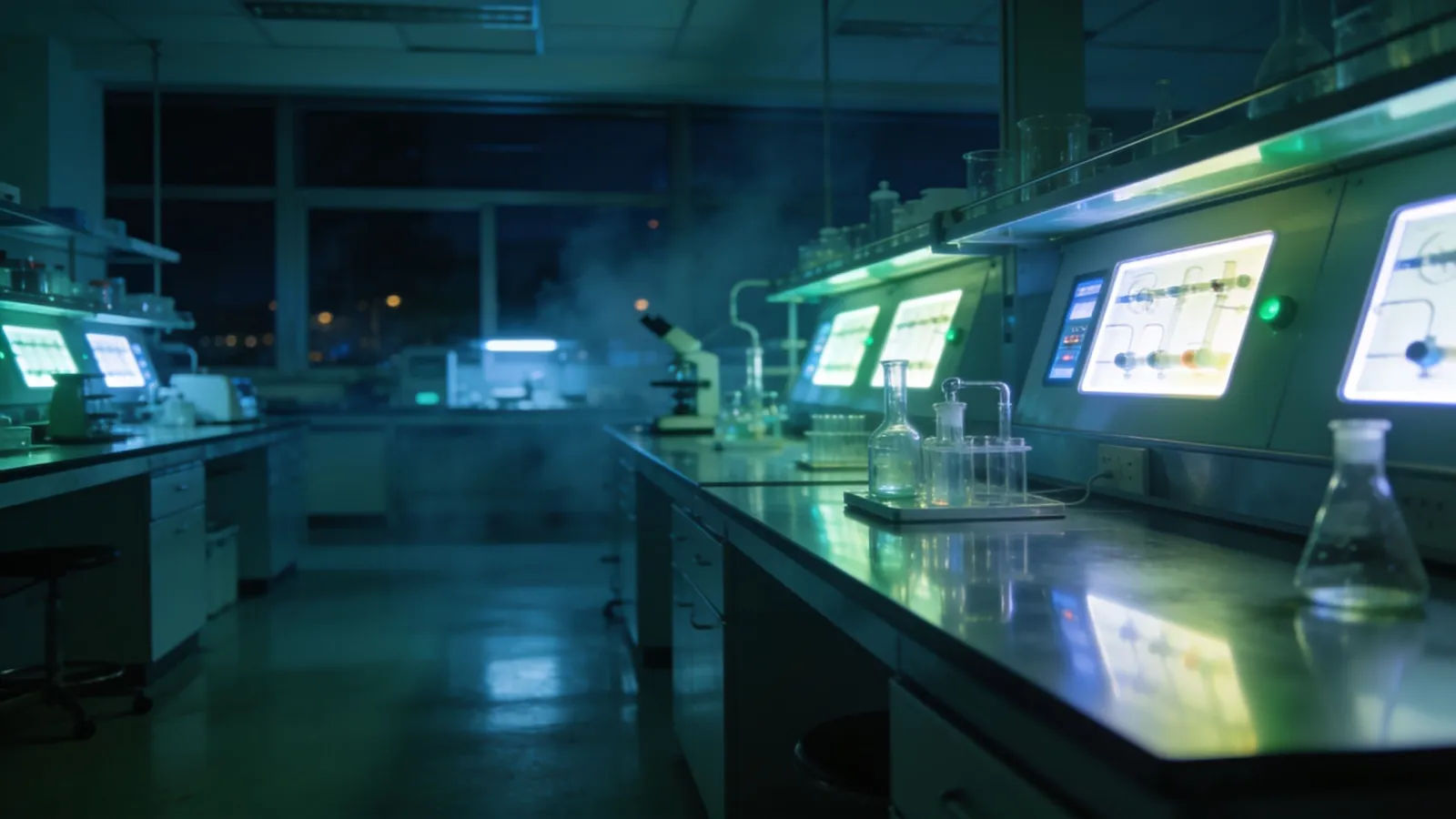Modern research laboratory with glowing instruments at night