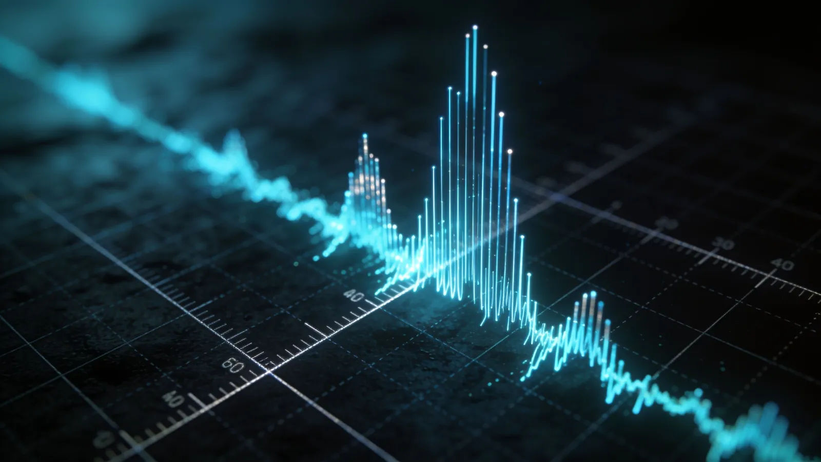 Precise waveform over dark measurement grid, cyan tones