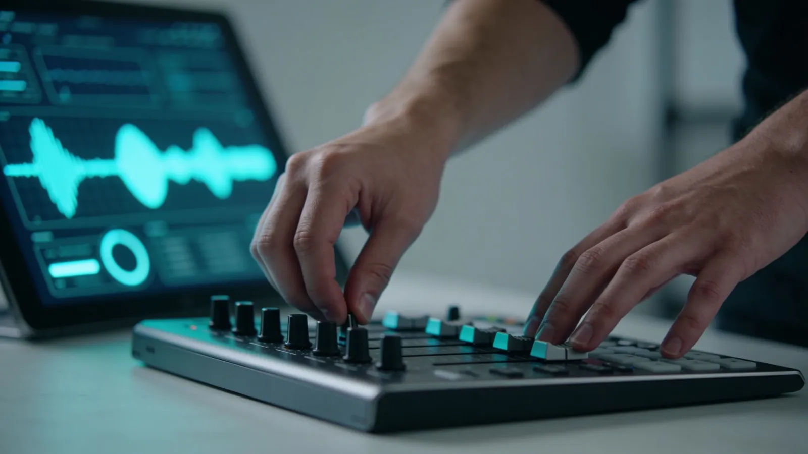 Hands at console with analytical waveform UI shapes