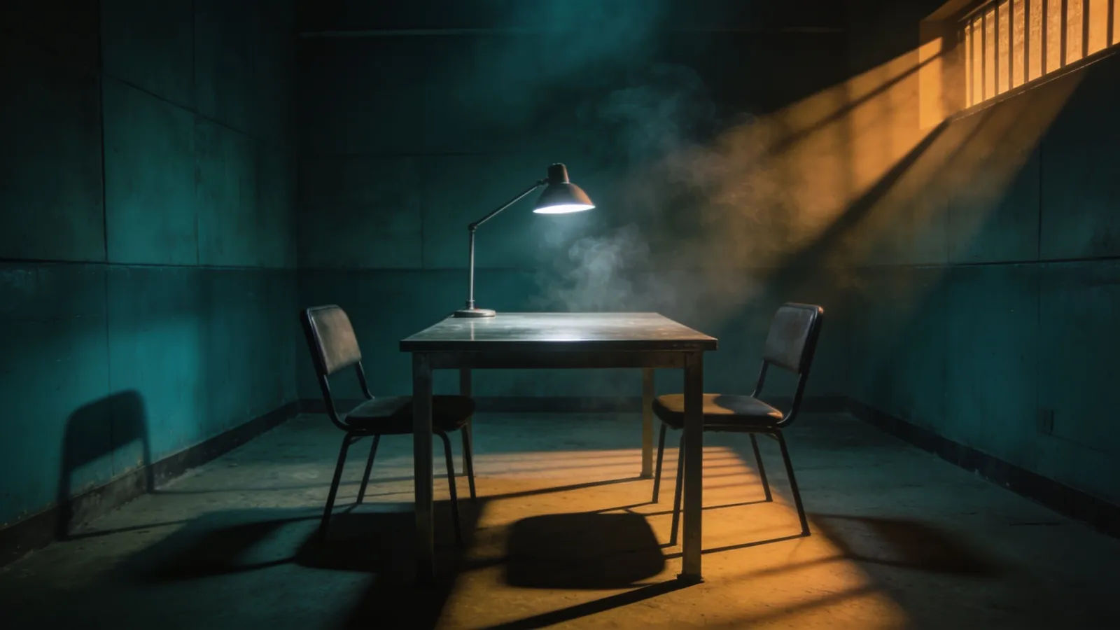 Dim noir interrogation room with a lamp
