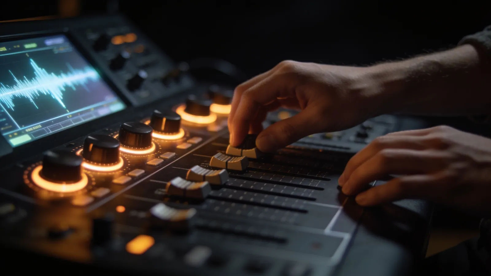 Hands at a dark audio console