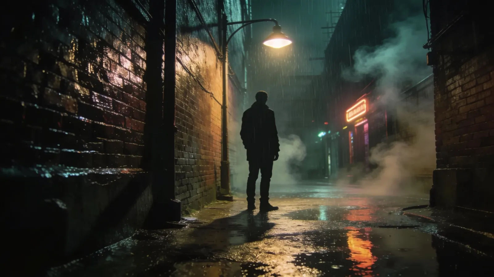 Silhouette under streetlamp in rain-soaked neon alley