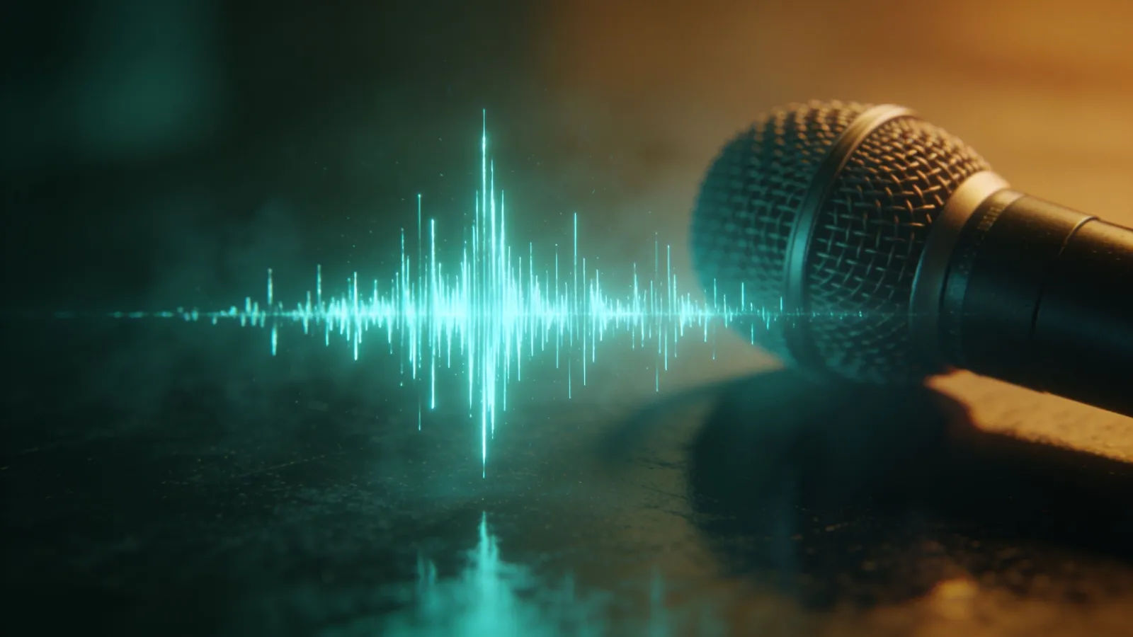 Jagged glowing waveform beside shadowed studio microphone