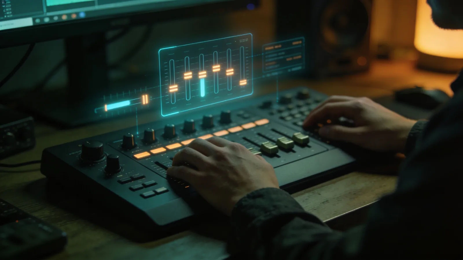 Hands at dark console with glowing audio interface