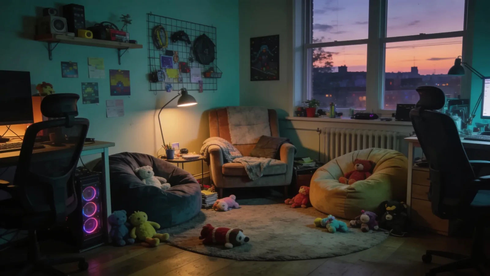 Cozy cluttered indie game studio corner at dusk