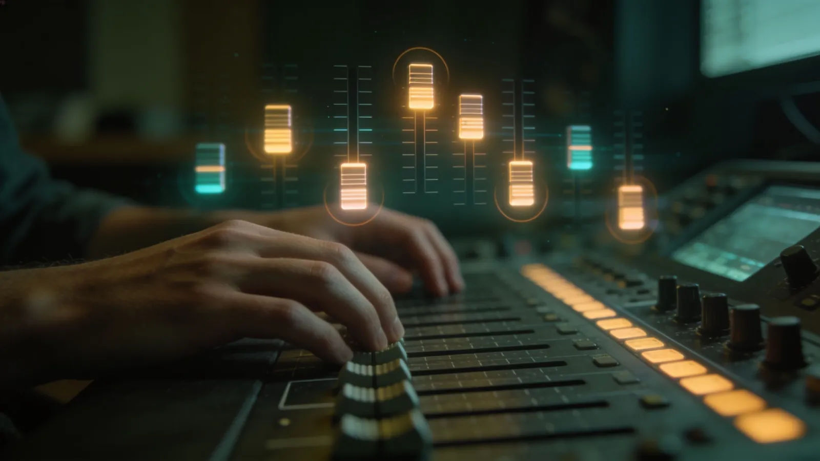 Relaxed hands at a console with floating audio sliders