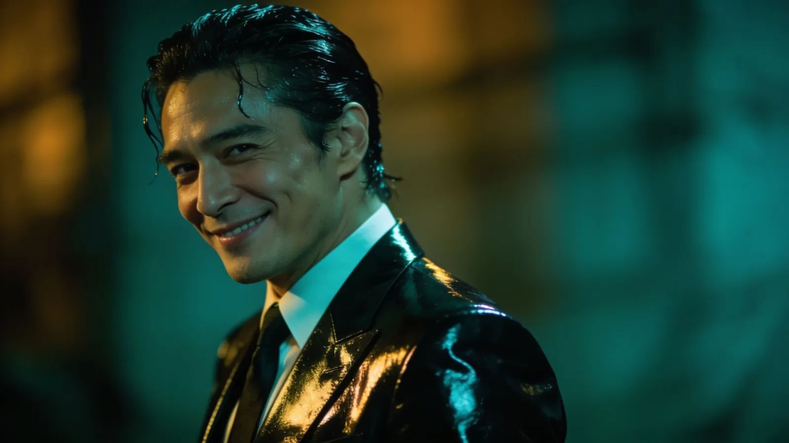 Smug slick-suited figure smirking in noir light