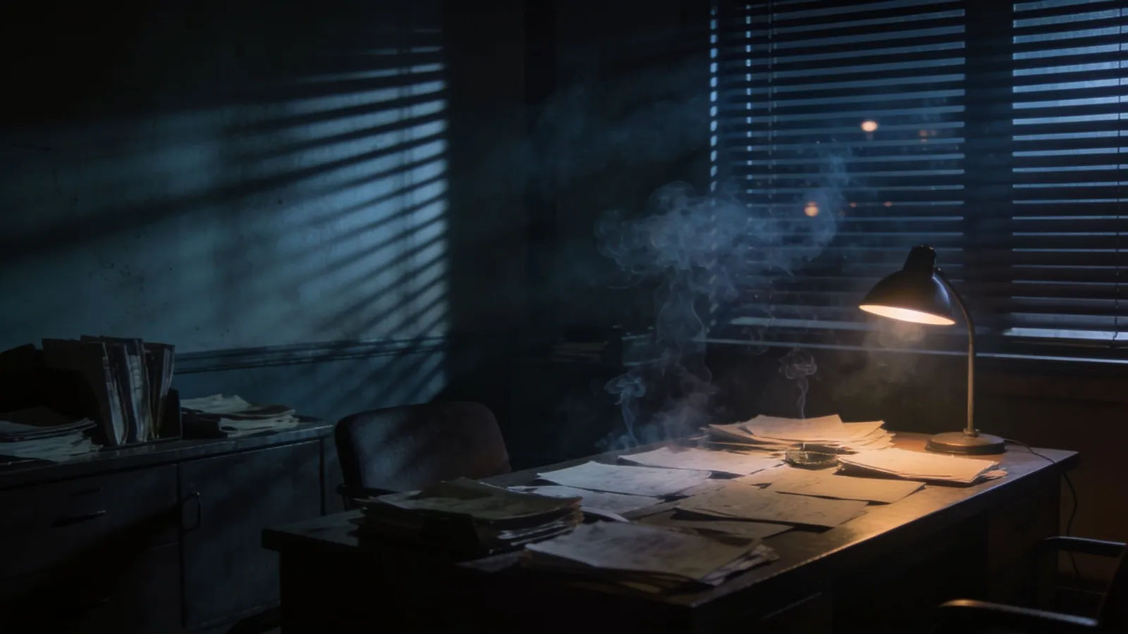 Dim backroom office with blind shadows