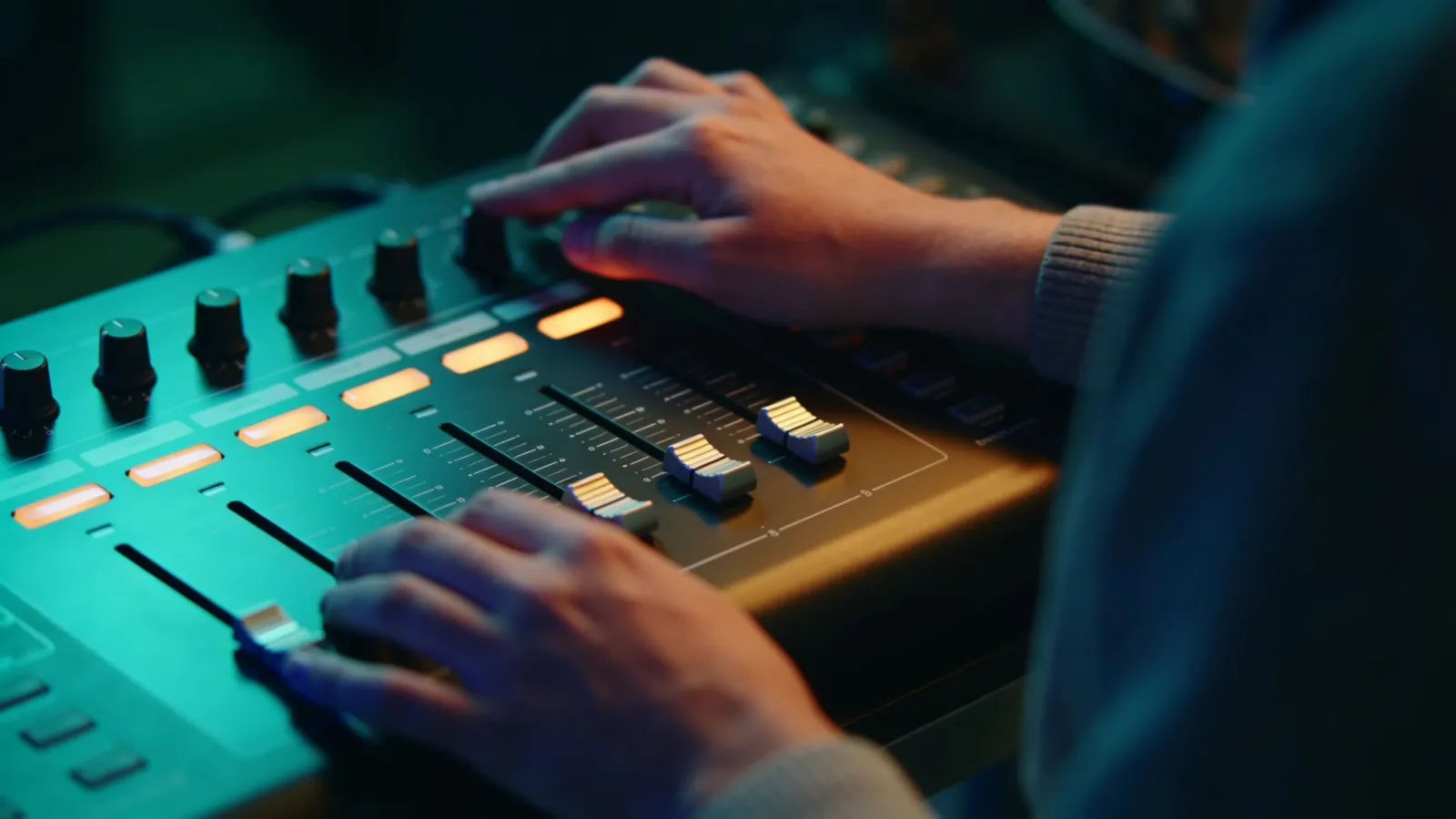 Hands on console under neon light