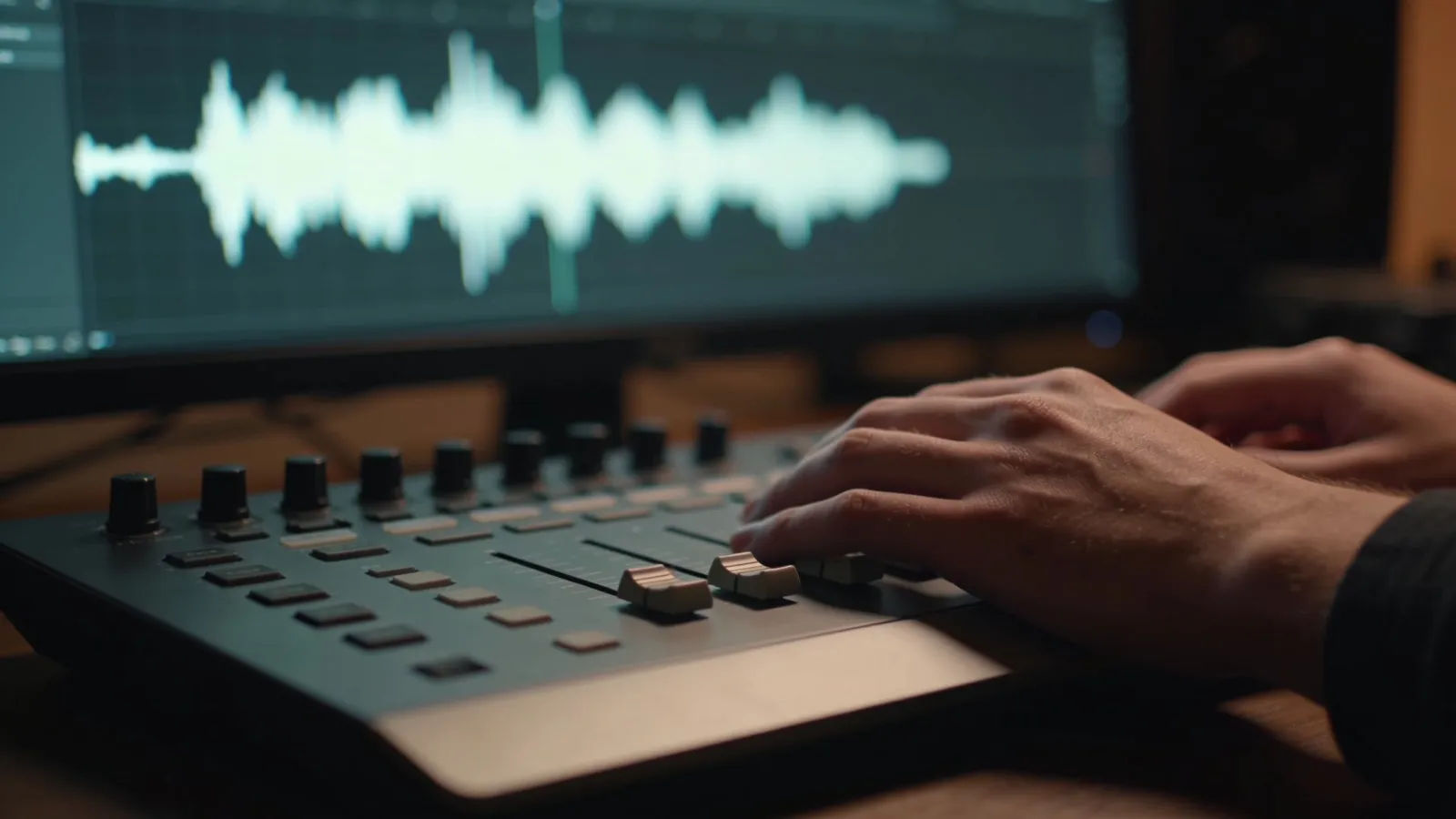 Hands resting calmly on console with slow waveform