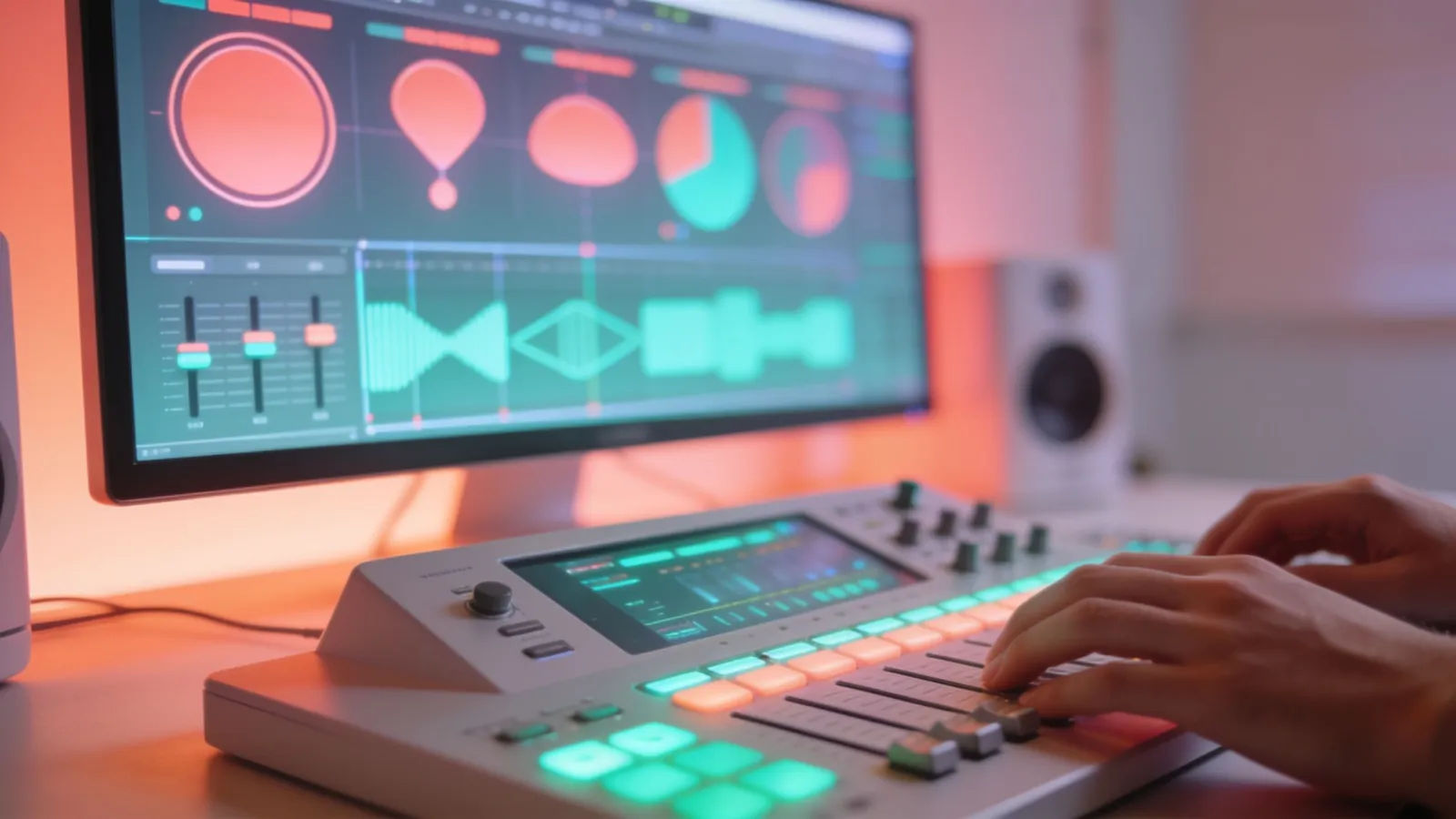 Hands at bright screen with friendly audio interface