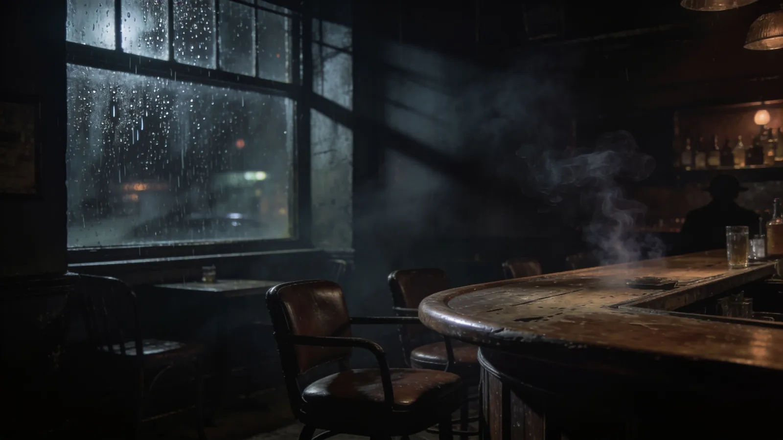Dim noir bar interior with rain-streaked window