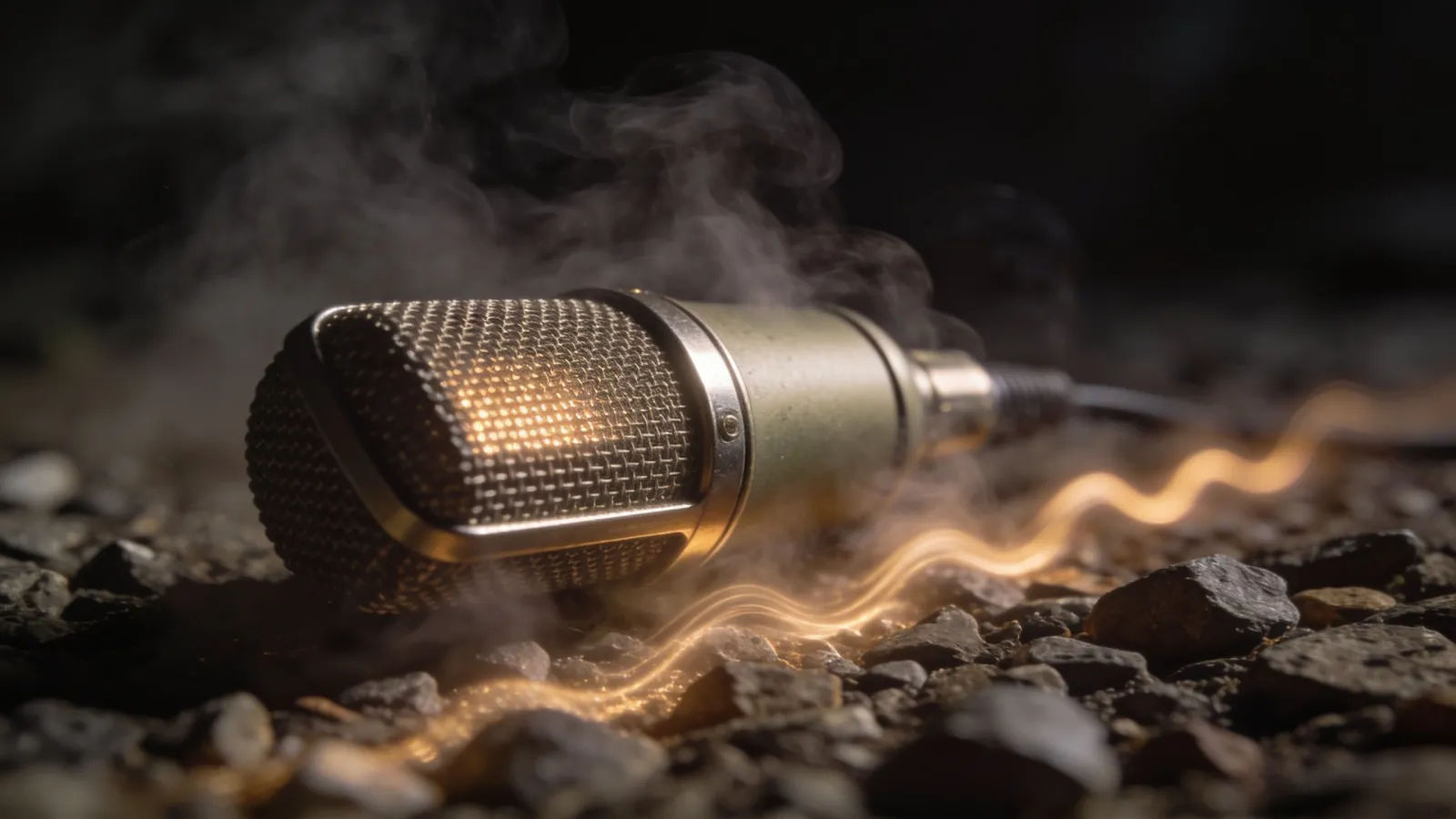 Vintage ribbon microphone in haze with gravelly waveform