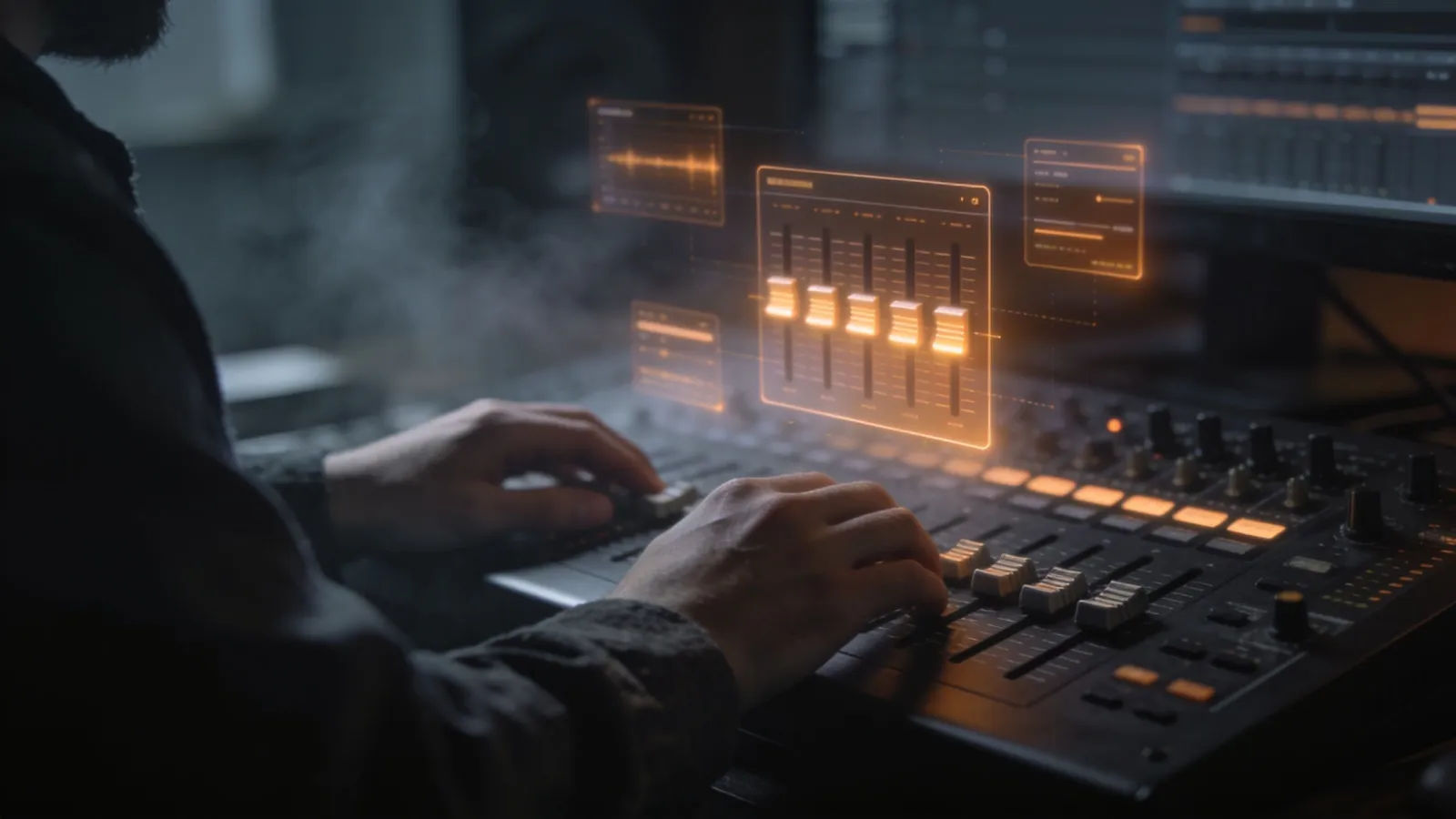 Hands on dark mixing console with amber audio UI