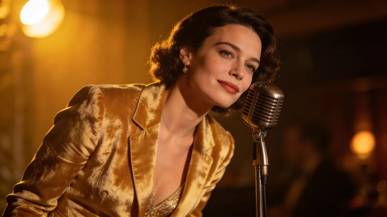 Poised lounge host leaning toward vintage studio microphone