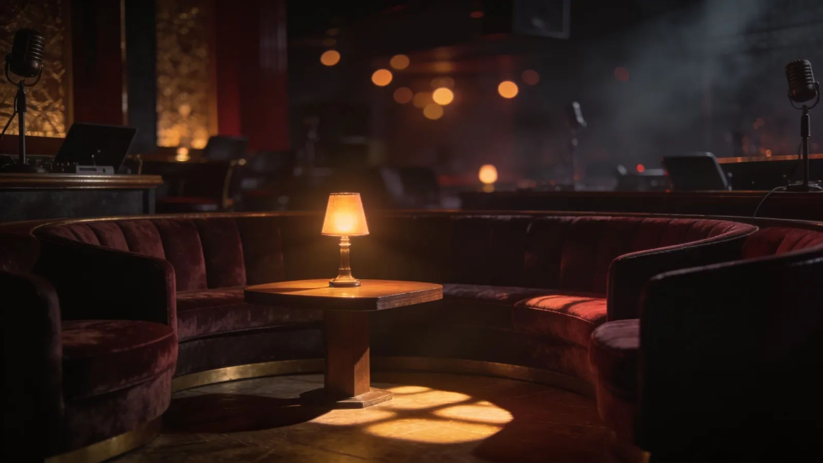 Dim late-night radio lounge in amber velvet light