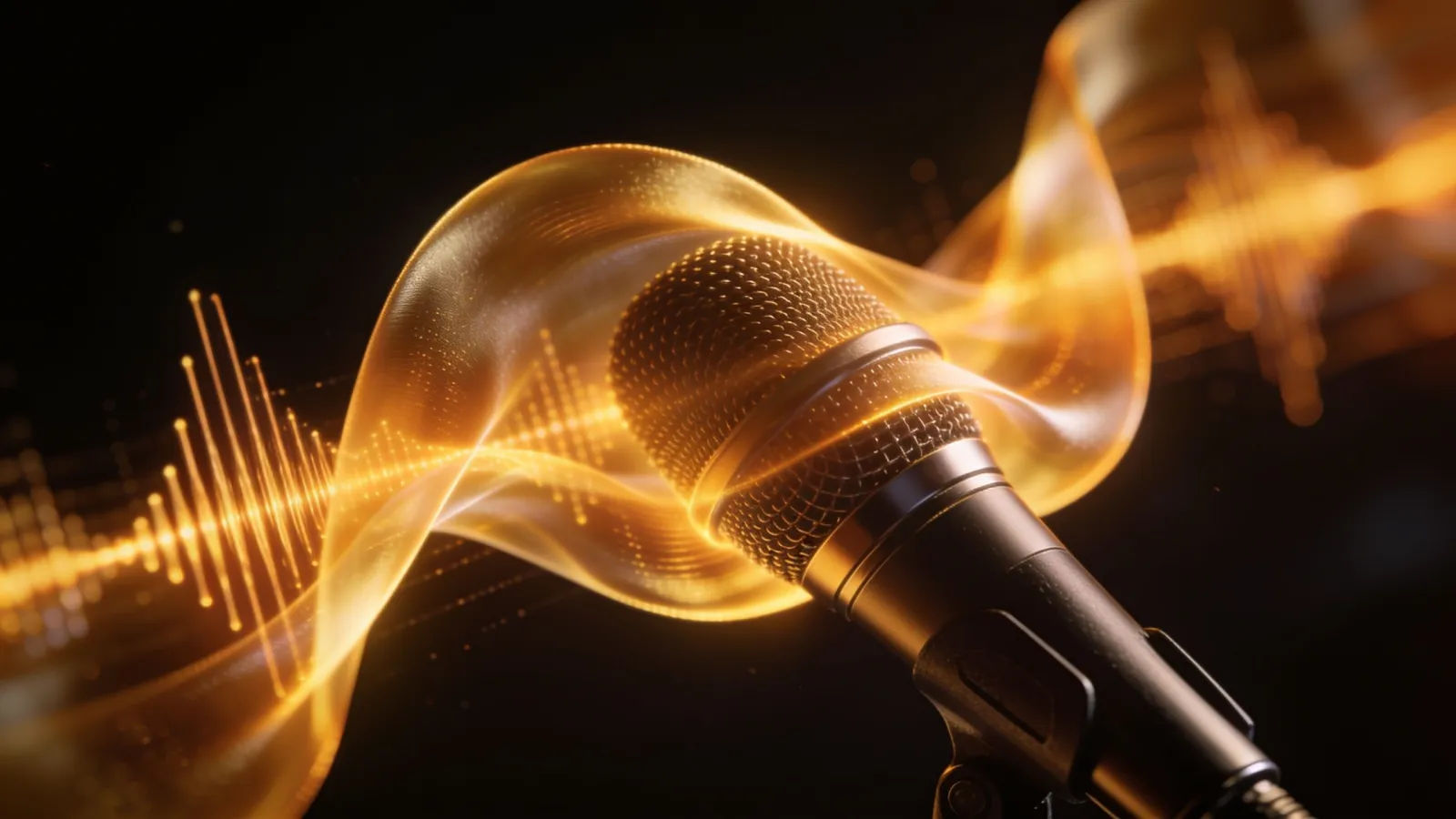 Silky golden waveform flowing over sleek microphone