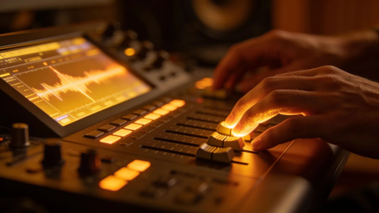 Hands at sleek console with warm golden audio interface