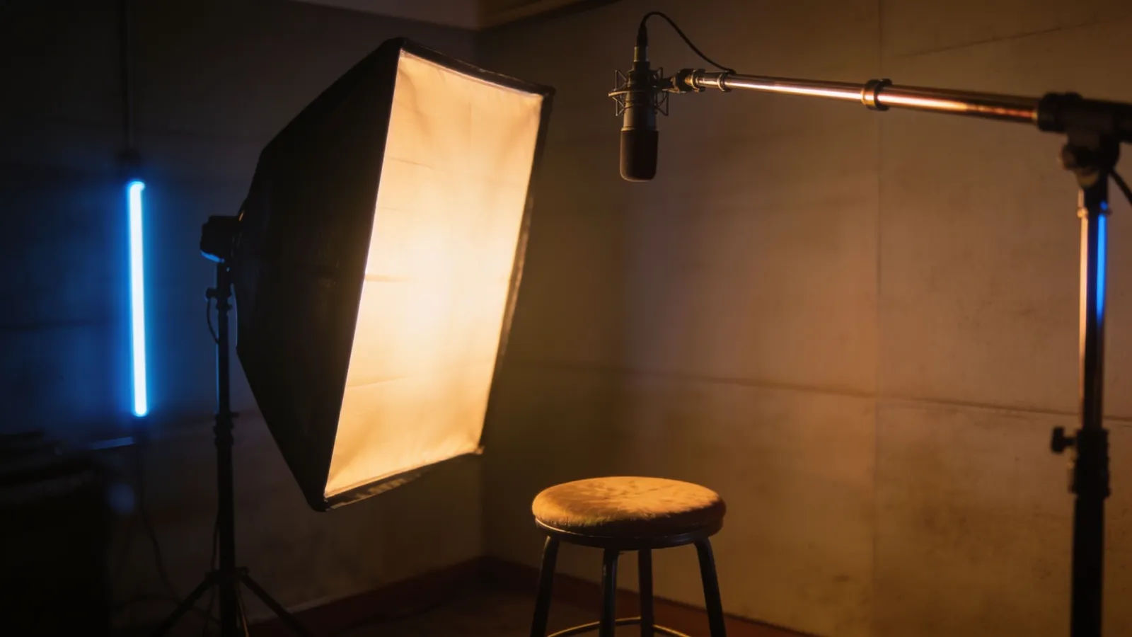Comedy reaction studio corner with a stool