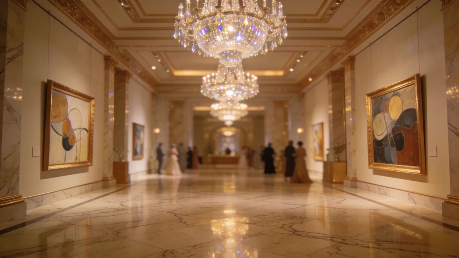 Opulent chandelier ballroom and marble gallery interior
