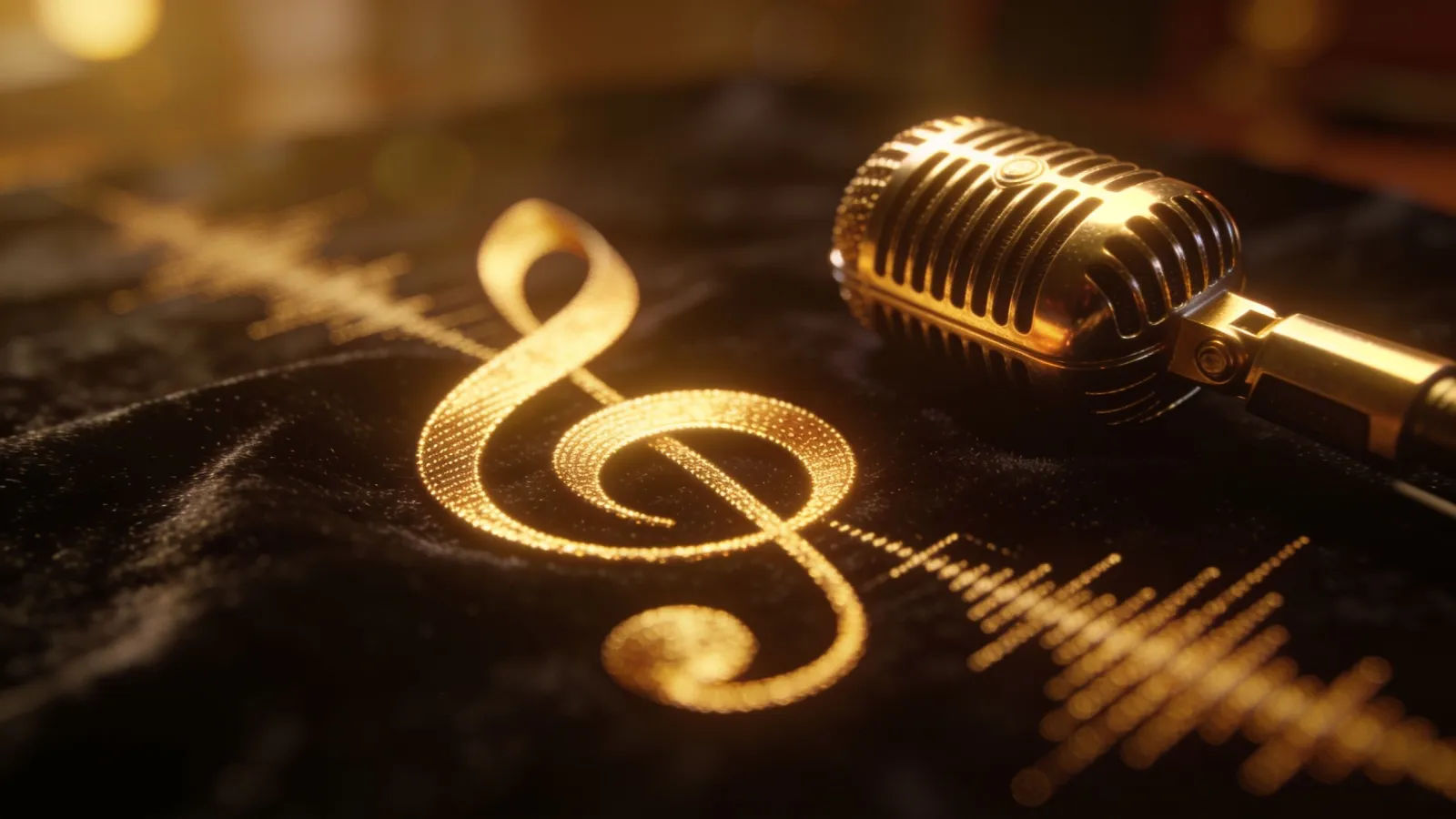 Golden waveform over velvet beside vintage microphone
