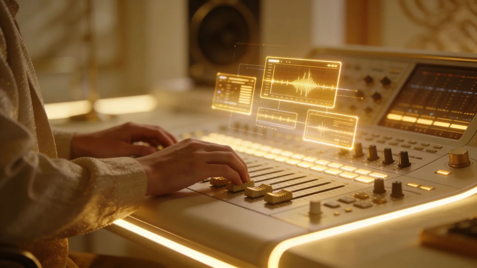 Hands at sleek console with glowing gold interface