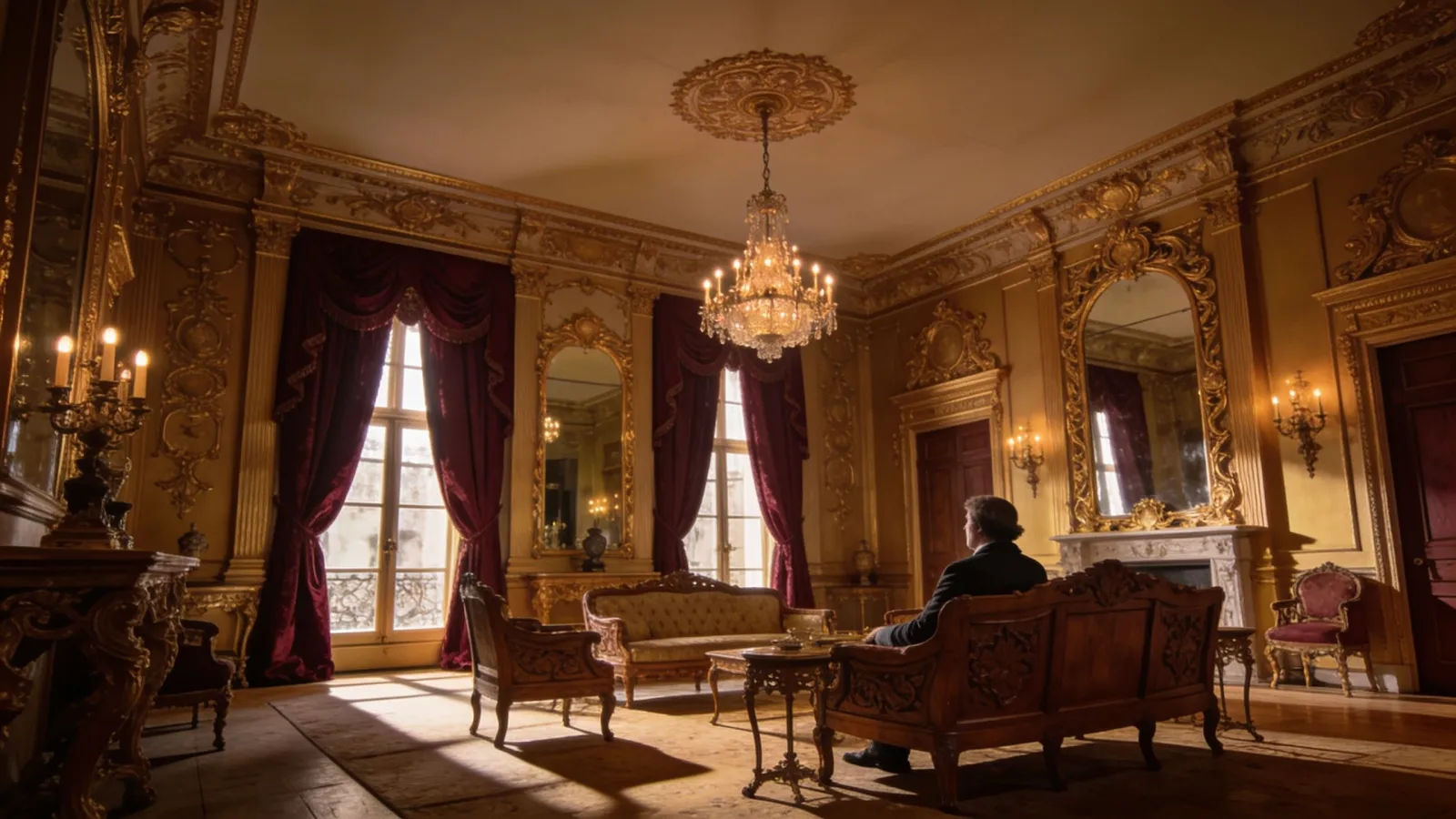 Opulent gilded drawing room in gold and burgundy