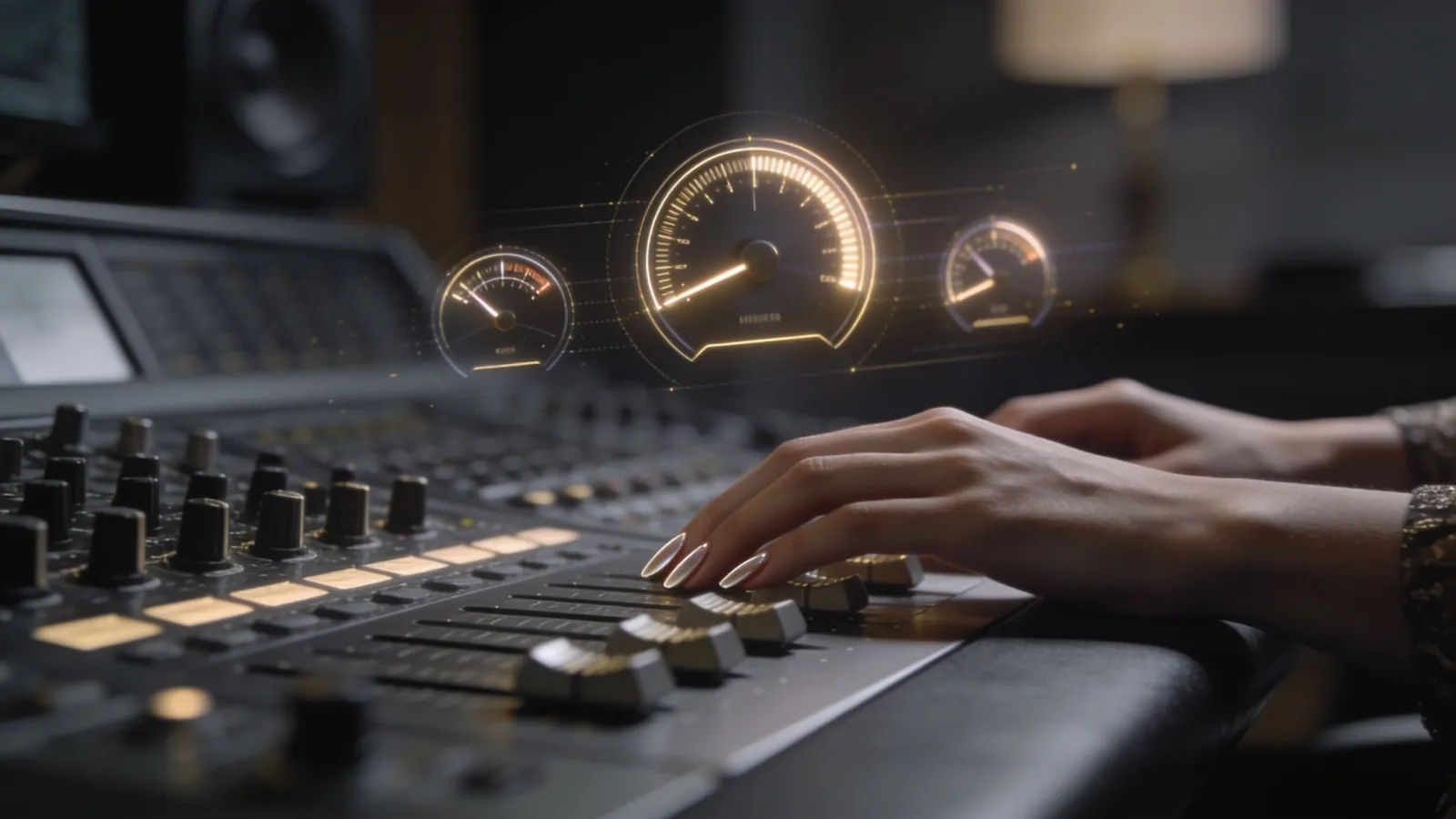 Poised hands at a sleek refined audio console