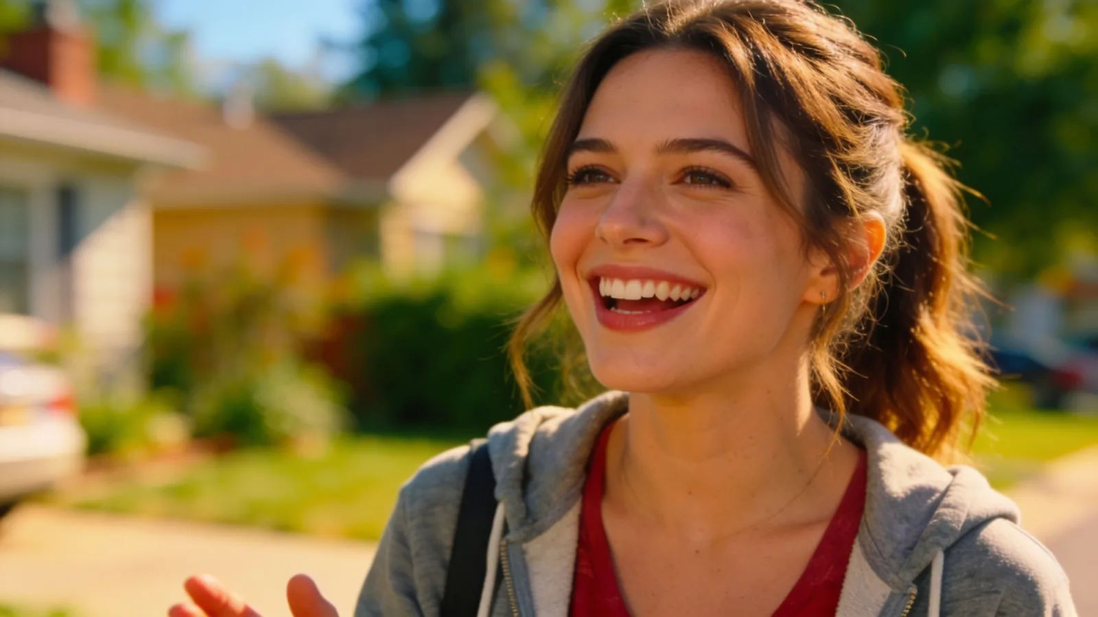 Cheerful suburban woman with bright warm smile