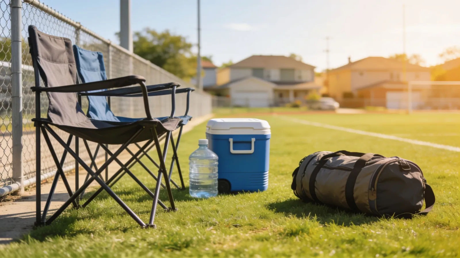 Sunny suburban sports field sideline with folding chairs