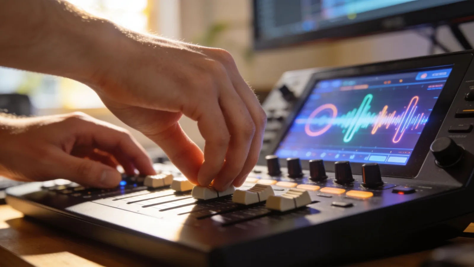 Hands at console with lively waveform UI, bright studio