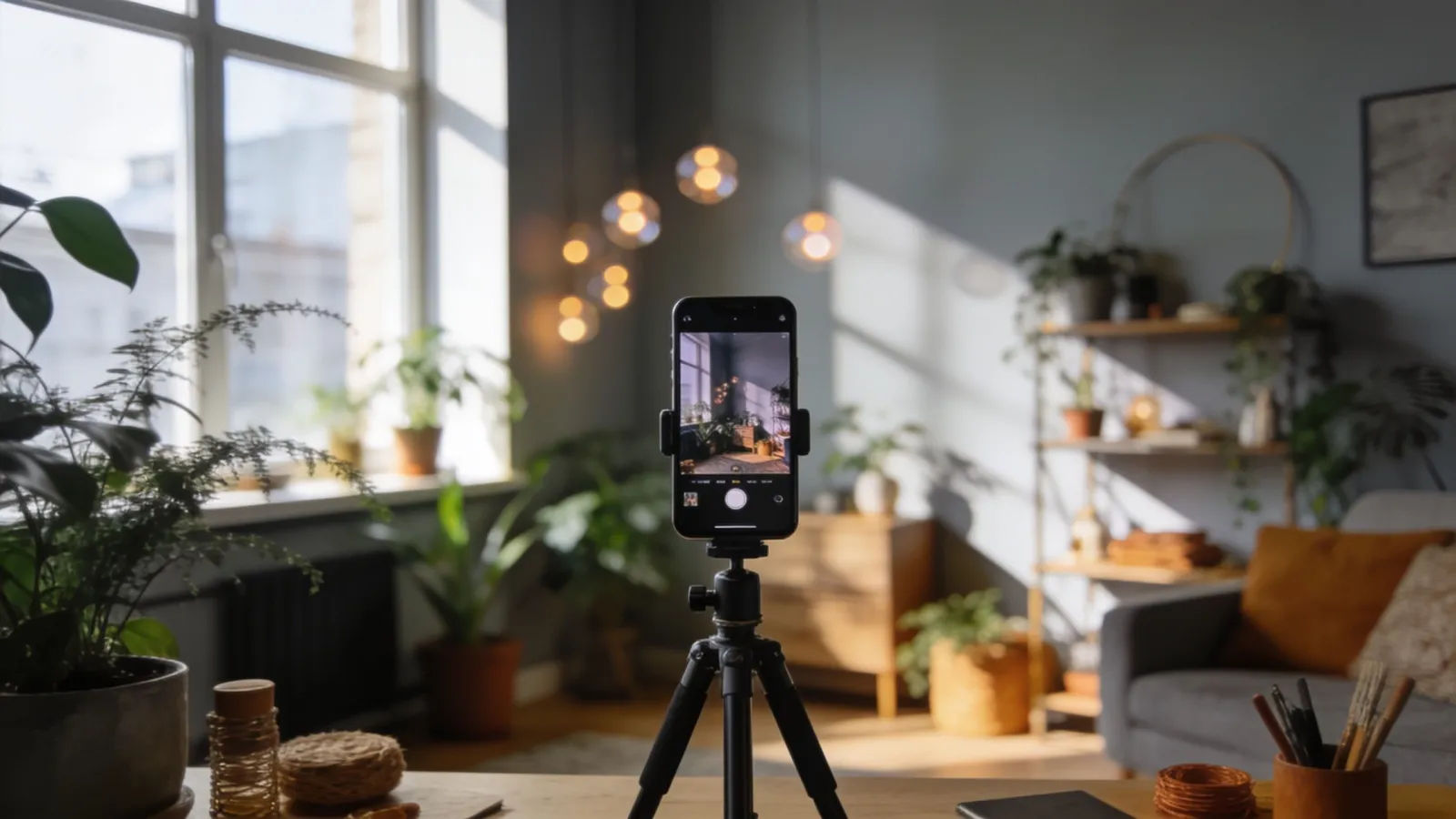 Vertical-video creator workspace with phone on tripod