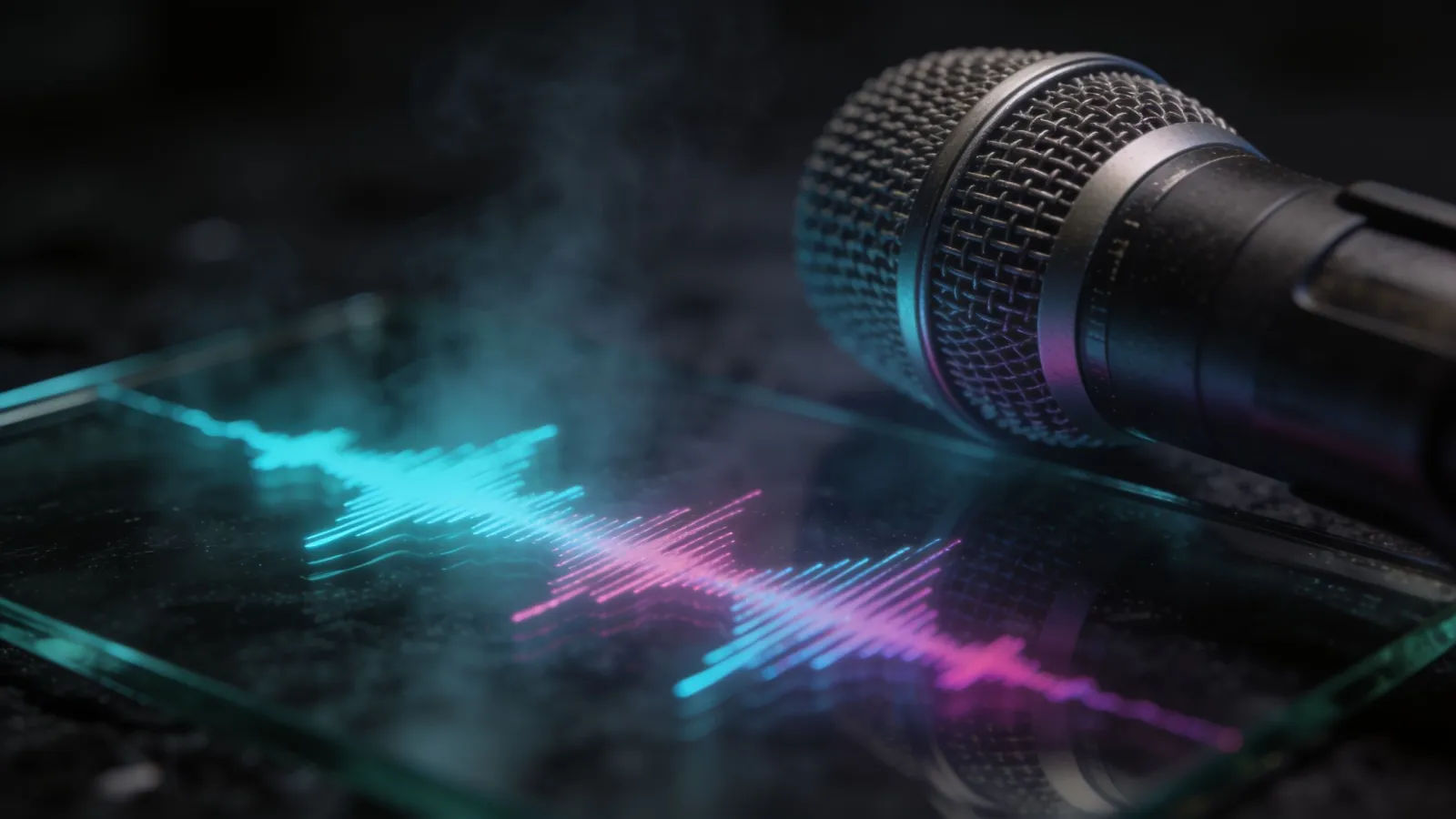 Glowing waveform beside a studio condenser microphone