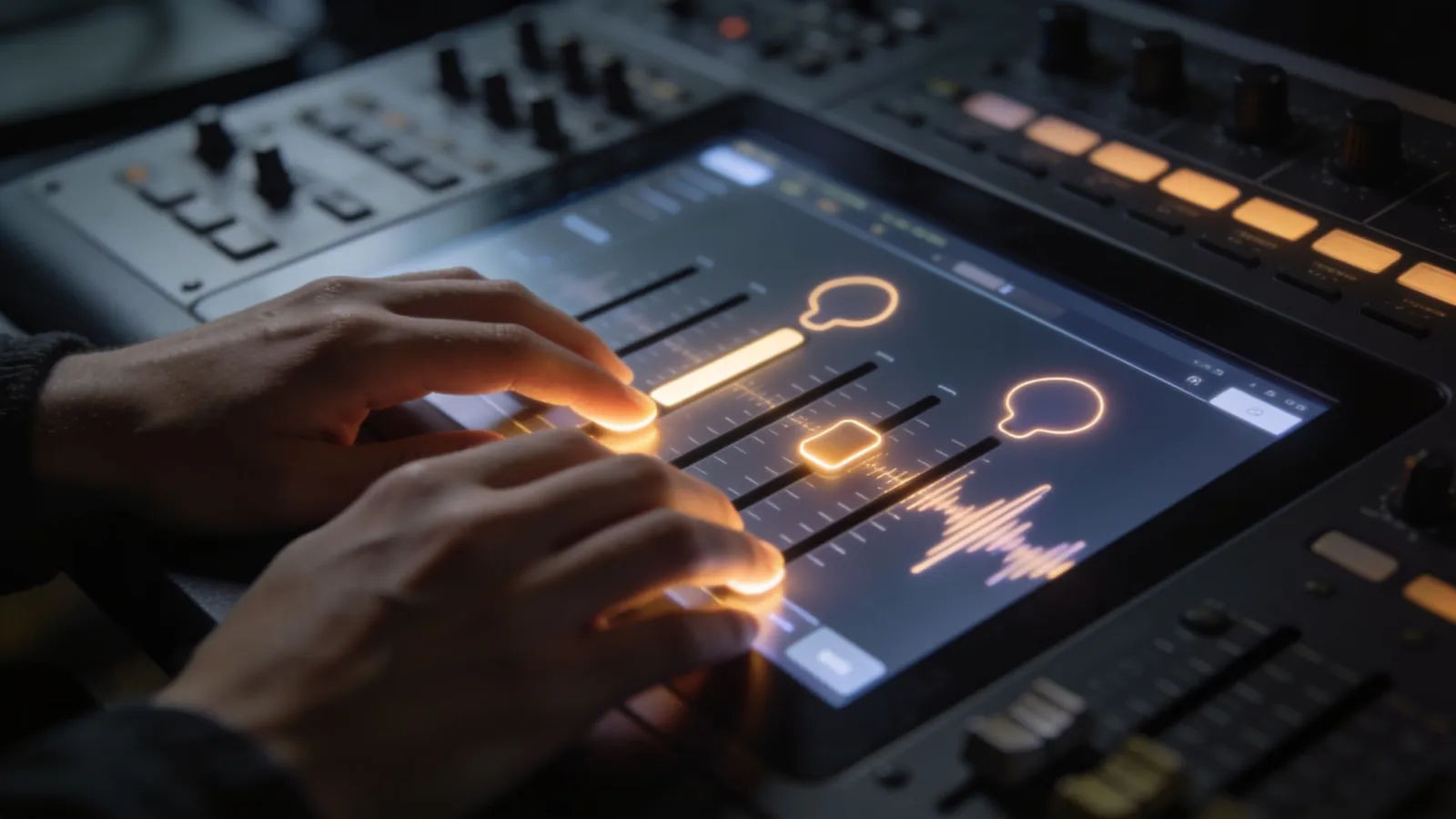 Creator hands on console with abstract audio UI