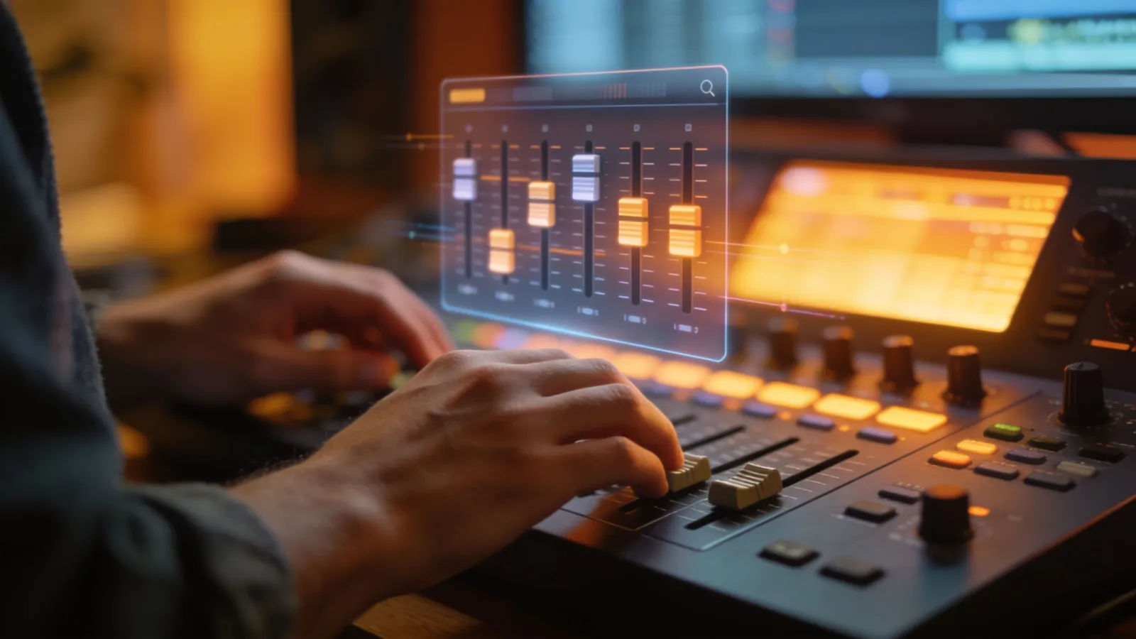 Hands on glowing audio console