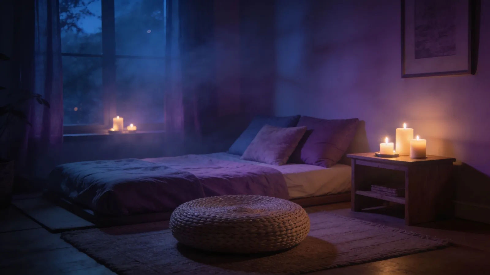 Cozy dim bedroom meditation space with candlelight