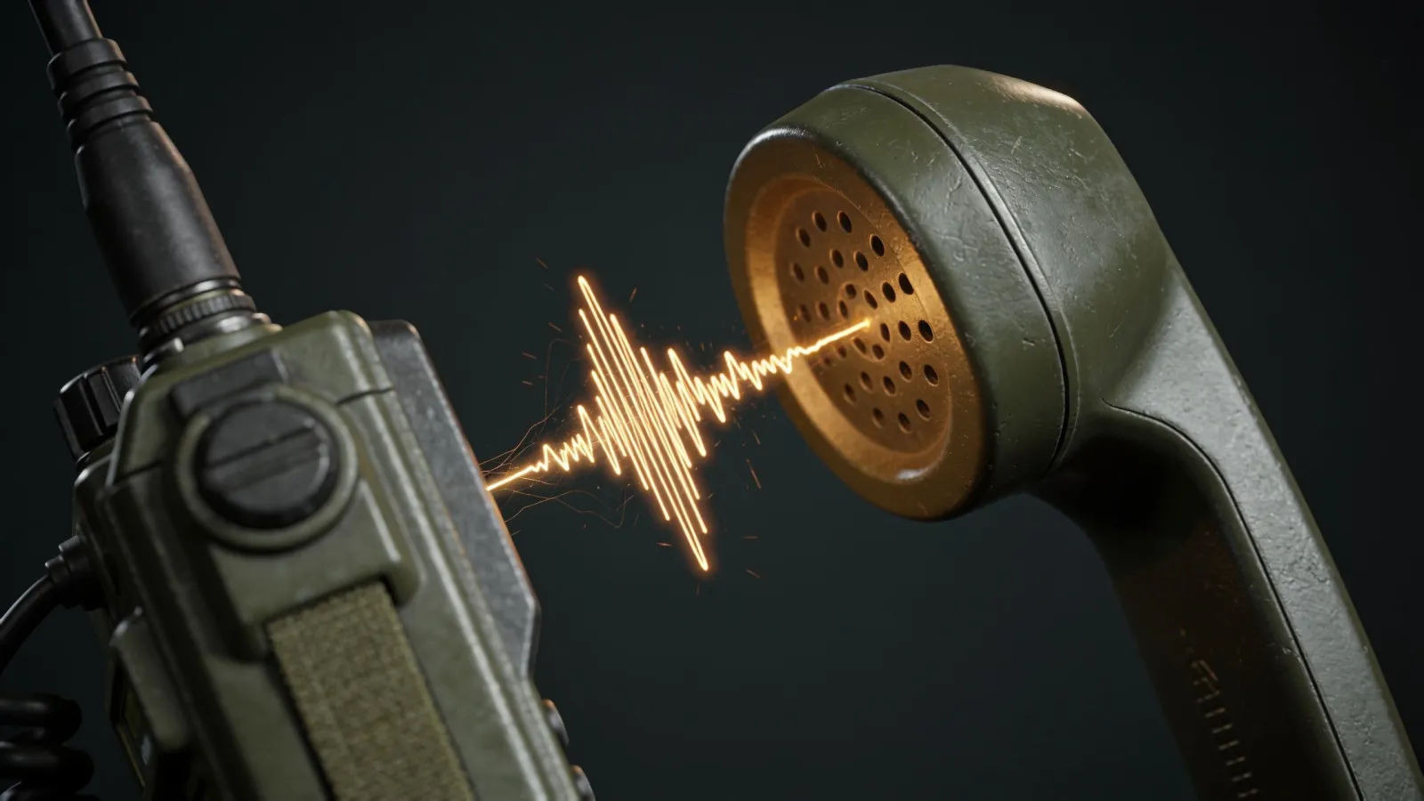 Rugged field radio handset with glowing pulse waveform