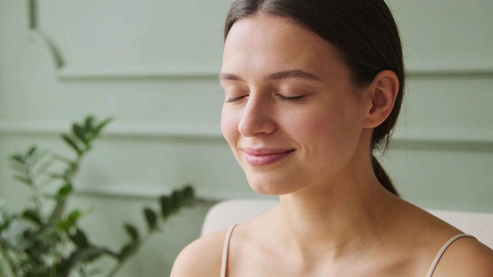 Calm wellness guide with closed eyes, soft sage light